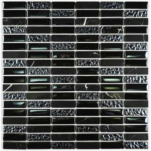 Фото Мозаика стеклянная с камнем Bonaparte Super Line black 48х15 (300х300х8 мм)